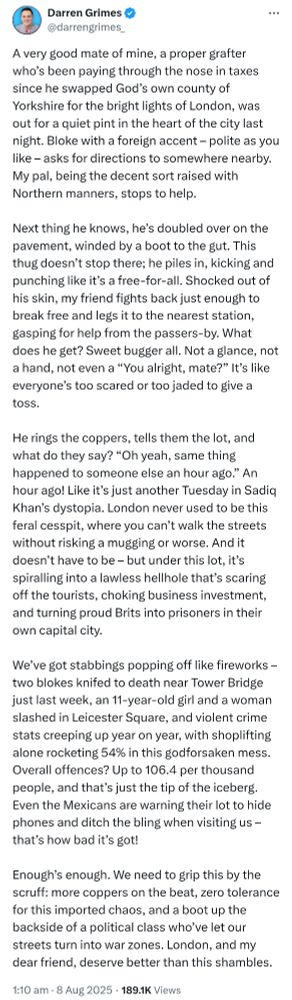 Darren Grimes tweet about crime in London. 