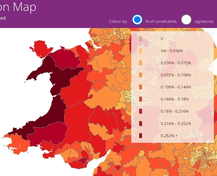 Map showing uptake of the petition: "Call a public inquiry into Russian influence on UK politics & democracy"

Wales showing the highest interest. 