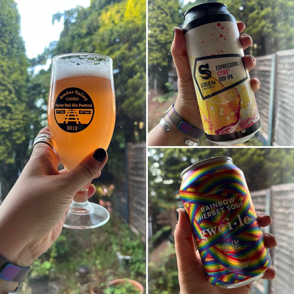3 images, all in front of a messy garden. One a beer in an amber valley beer festival glass. One a can of Siren Expressions Citra DDH IPA and one a Gwei-lo Rainbow Sherbet Sour