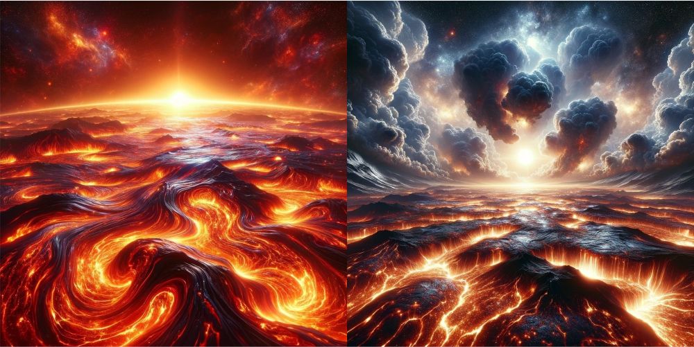 Illustration of two stages of exoplanet 55 Cancri e's proposed lava cycle. The planet may oscillate between cloud-free, hotter conditions (left) and cloudy, cooler conditions (right).