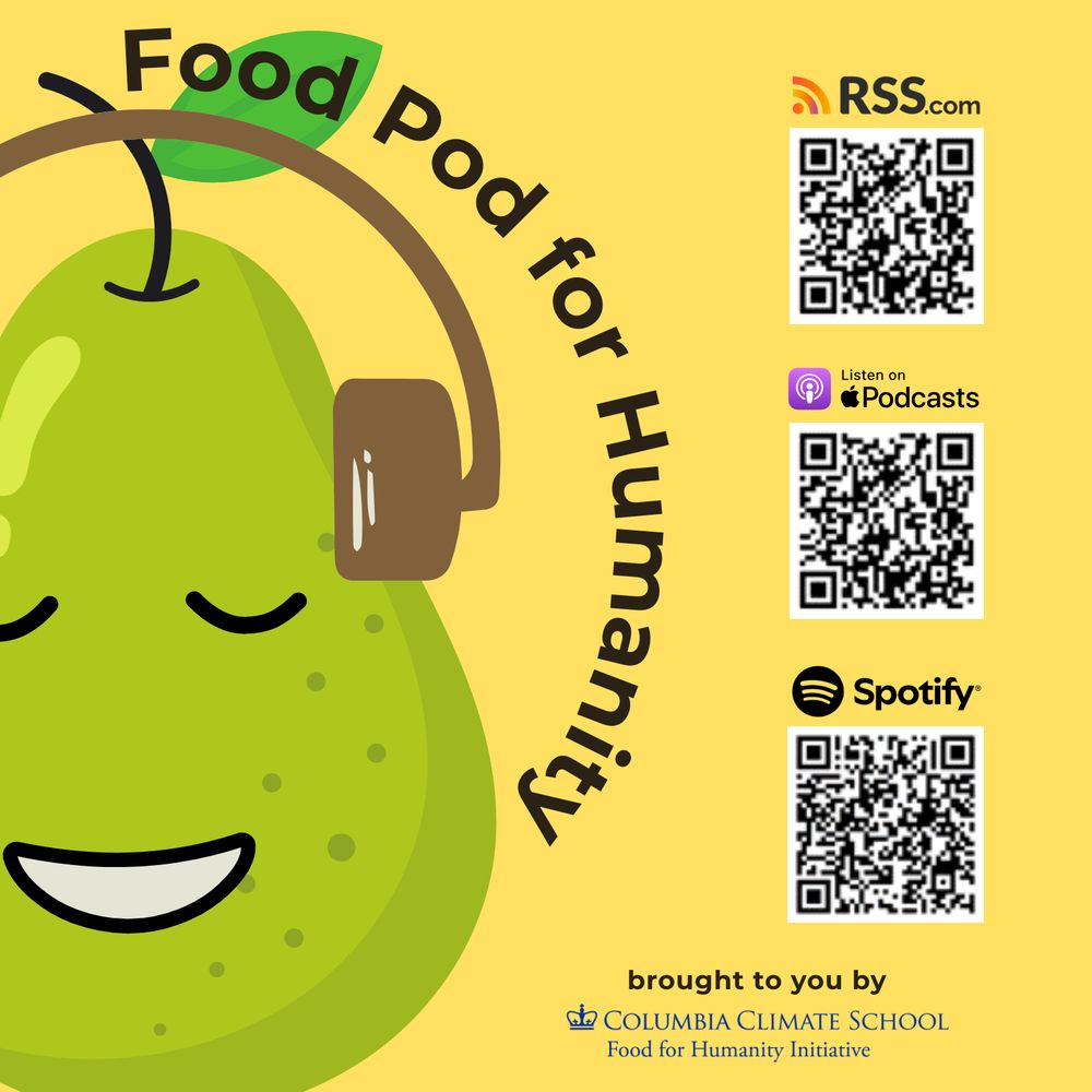Food Pod for Humanity logo, featuring a pear wearing headphones and smiling, with QR codes to listen on various podcast platforms