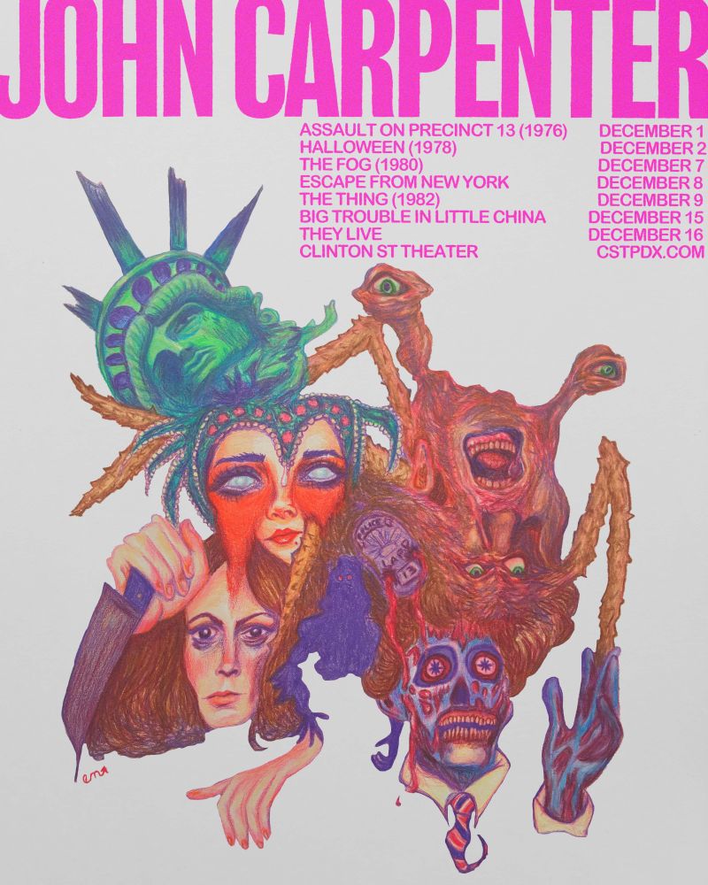 Poster announcing a John Carpenter film series with color pencil drawings from characters in the films.