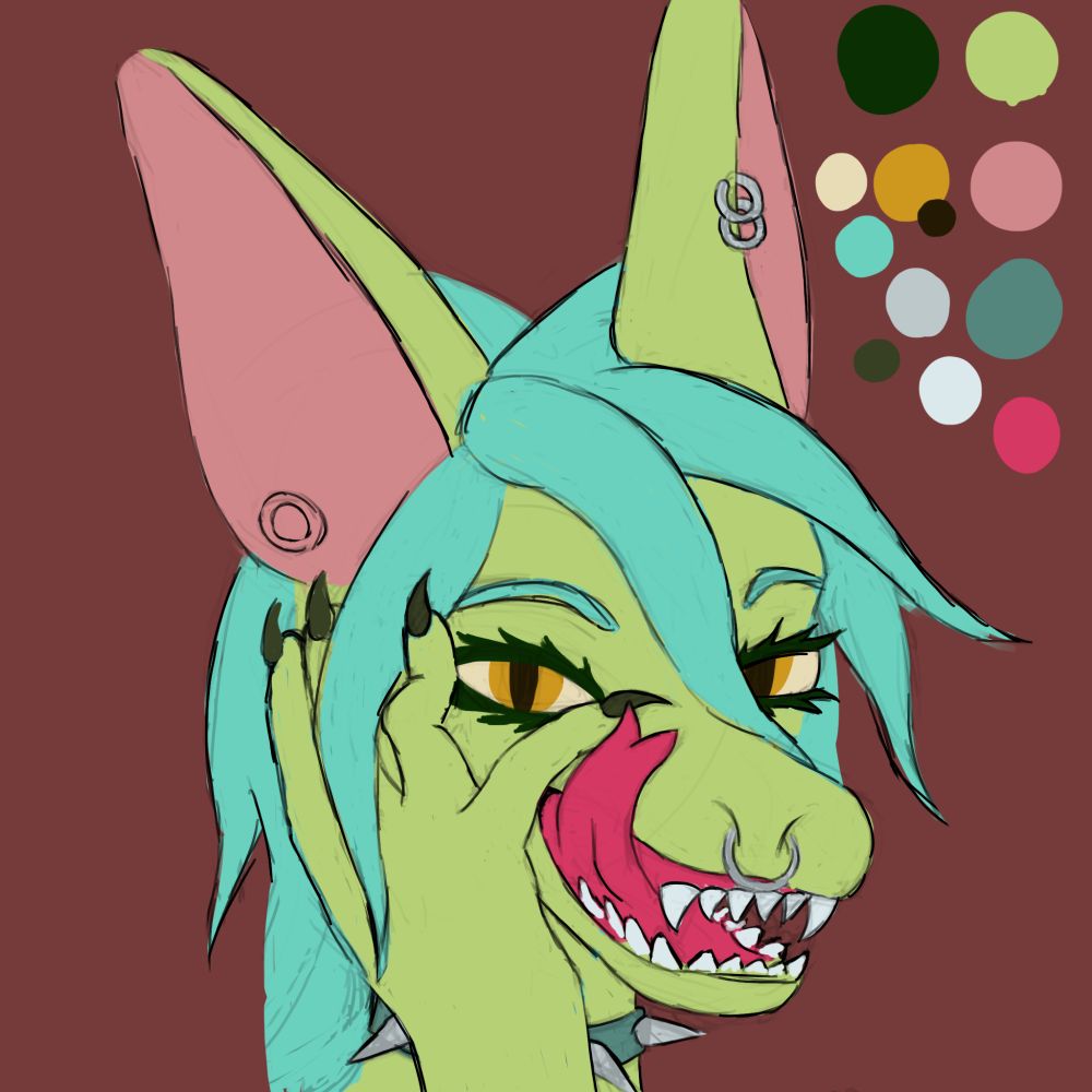 The precursor sketch to the drawing. Up close shot of a dragon, her mouth open showing sharp teeth and a long, pierced tongue dripping with drool. Her clawed fingers are splayed over her glowing eye.