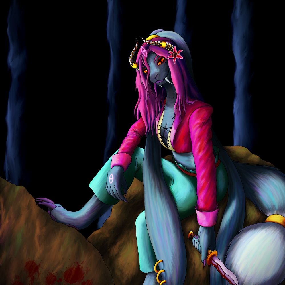 A rabbit-fox hybrid girl with horns sitting on a rock. The horns have a cracked lava-like appearance, with gold bands on them shaped like crowns. She has demonic eyes and large fangs. Her rabbit-like ears are very long, and the one toward the center of the frame has three gold ring piercings visible. Her fox-like tail has a gold band around it. Her fur is gray-colored, and her claws are purple. She has a lily flower in her hair. She is wearing a magenta jacket and green pants with her abdomen visible. She has a glowing eye sigil between her horns, and on the back of her hand. In her off-hand she holds a ceremonial knife, dripping with blood. The rock her foot is resting on has blood spatter on it. The overall lighting is stark and pale, with subtle shades of orange coming from off screen.