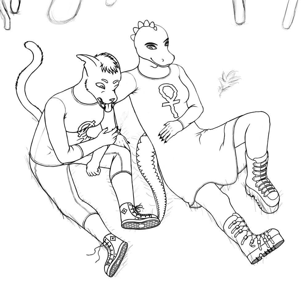 Line art of Mae and Bea from night in the woods sitting next to each other.