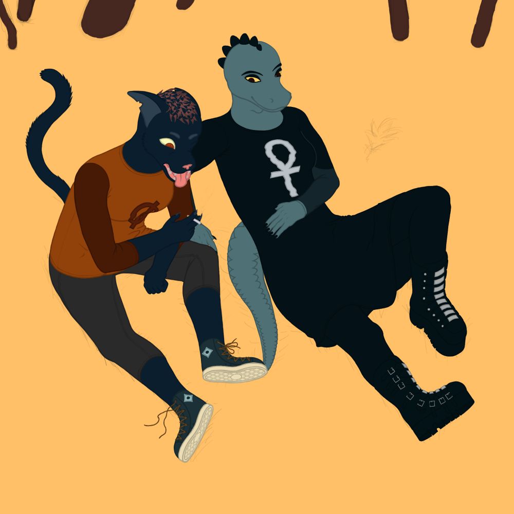 Flat colors of Mae and Bea from Night in the Woods sitting next to each other.