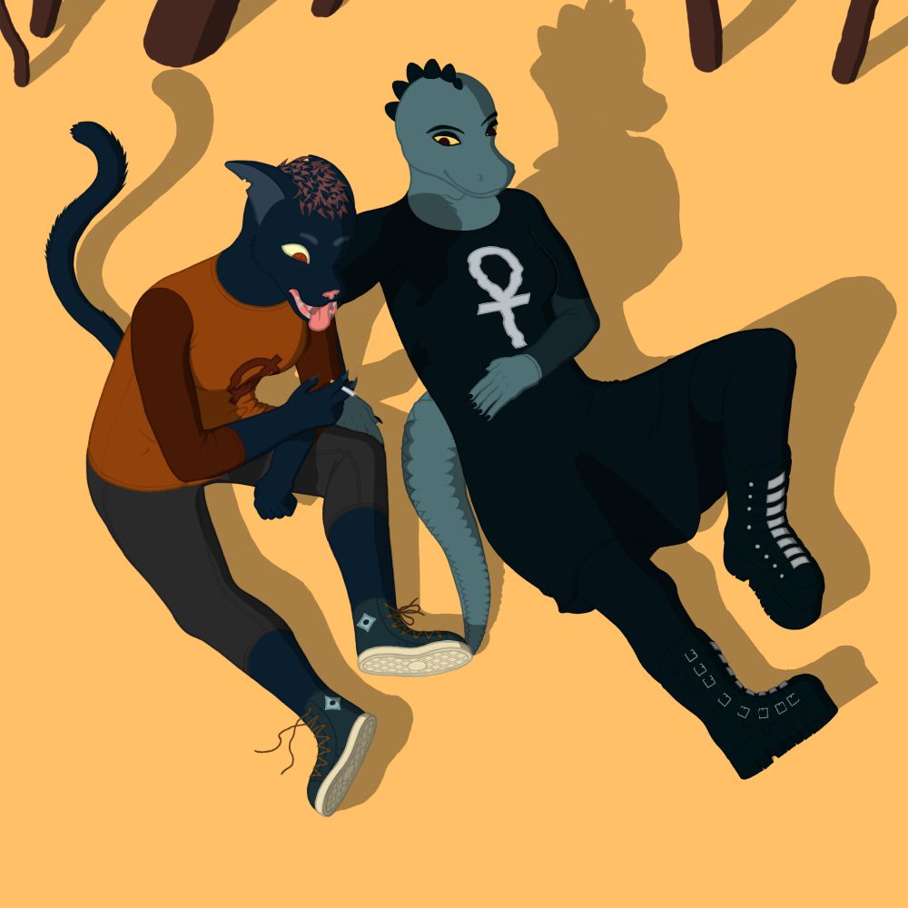 Layout of the shadows on top of flat colors, Mae and Bea from Night in the Woods sitting next to each other.