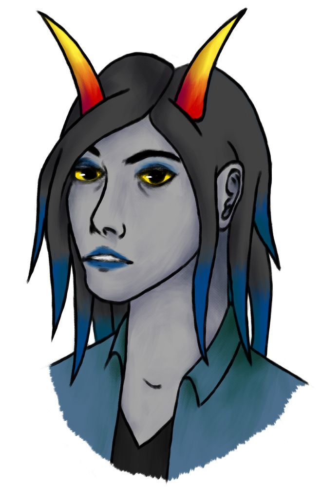 A fan character. Gray skin, blue lipstick, blue hair tips, blue eyeshadow, yellow sclerae, red to yellow horns. Long neck.