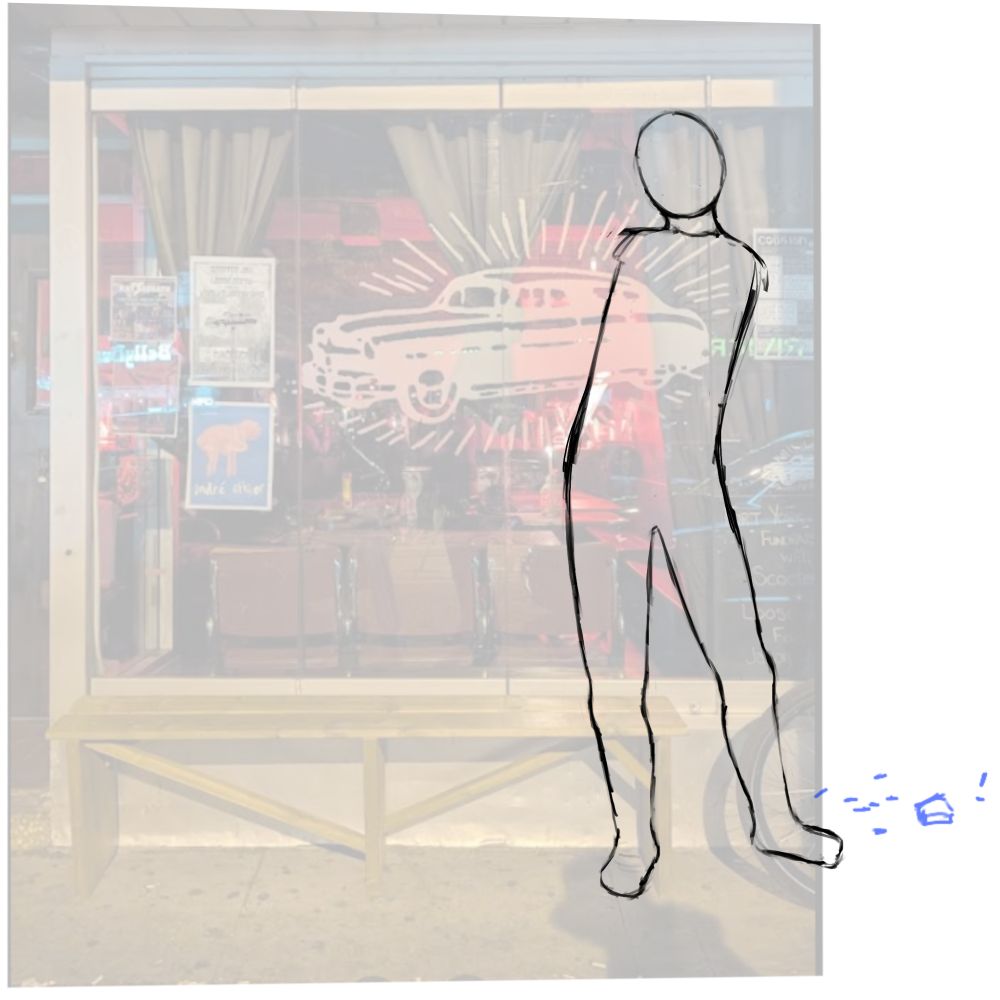 Sketching the pose for the catboy. The background is the real life reference image for the bar.
