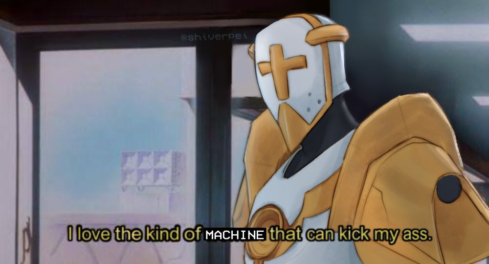A draw over of that meme with Spike Spiegel saying "I love the kind of woman that can kick my ass.", except it's Gabriel from ULTRAKILL and "woman" is replaced with "MACHINE".