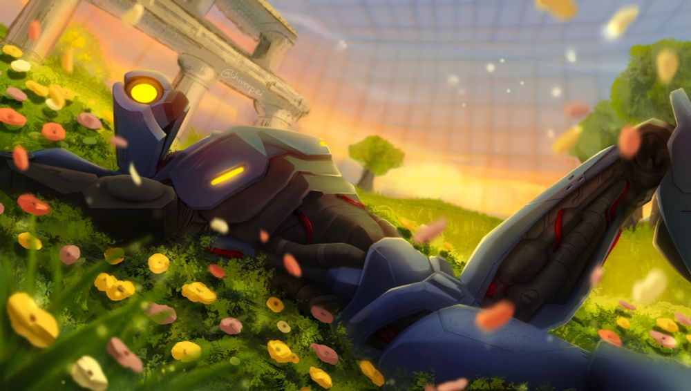 Digital painting of V1 in Limbo lying on a flowerbed. 