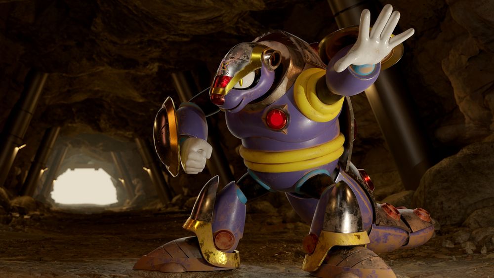 Armored Armadillo, a anthropomorphic robot armadillo, striking a pose in a long cave tunnel