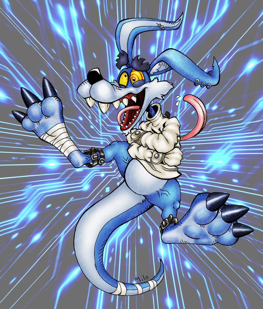 Ripper Roo from Crash Bandicoot, a wacky looking blue roo in a straight jacket, in the style of Digimon