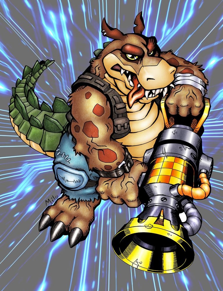 Dingodile from Crash Bandicoot 4 drawn in the style of the original Digimon concept art