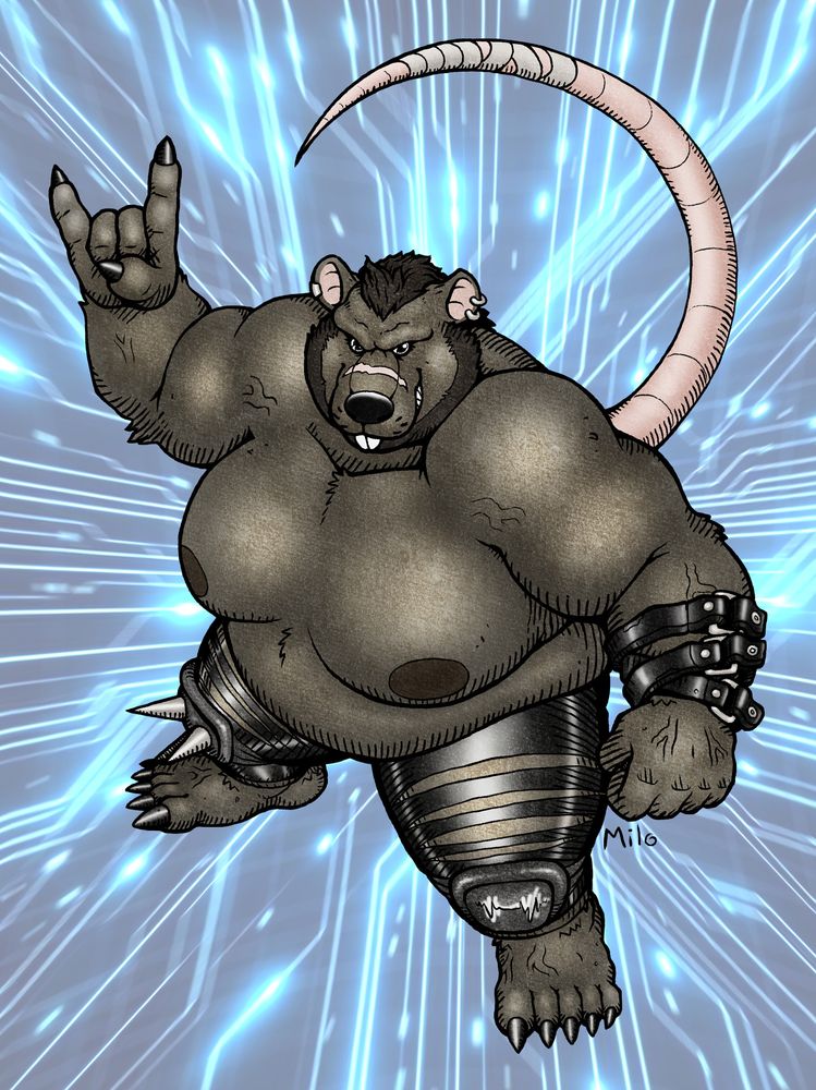 A big brutish anthro rat throwing the horns handsign. He's drawn in Digimon style with leather gear, piercings, spikes, etc