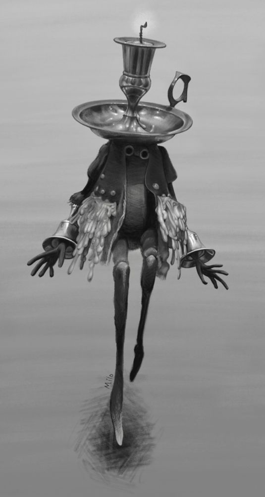 A weird long man with a candlestick holder for a head