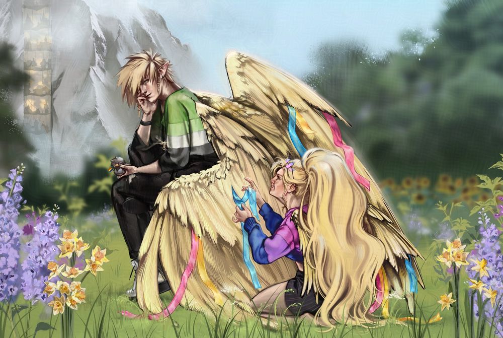 The picture depicts two winged figures, a young man and a woman sitting on a grass field with flowers all around, The woman is wearing  a shirt with the bisexual flag on it. She is placing colored strings on the wings of the man in the pattern of the pansexual flag. The man is wearing a shirt with the aromantic flag on it and is holding a small black duckling that holds the gay flag. In the background a forest is visible and beyond it, a mountain split in 2 with a city built within it.
