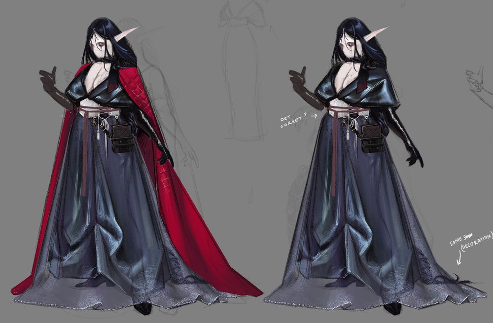 A woman elf figure covered in fancy clothes. Her form are soft and plump while a dress made almost of taffeta and satin cover her body leaving a deep V cut open on her chest. Her make up is runny like she's been crying. The hair, long, are braided, almost reaching the ground. On top of the violet/navy dark dress, a bright red cloak covers her shoulders reaching the ground tailing behind her. 