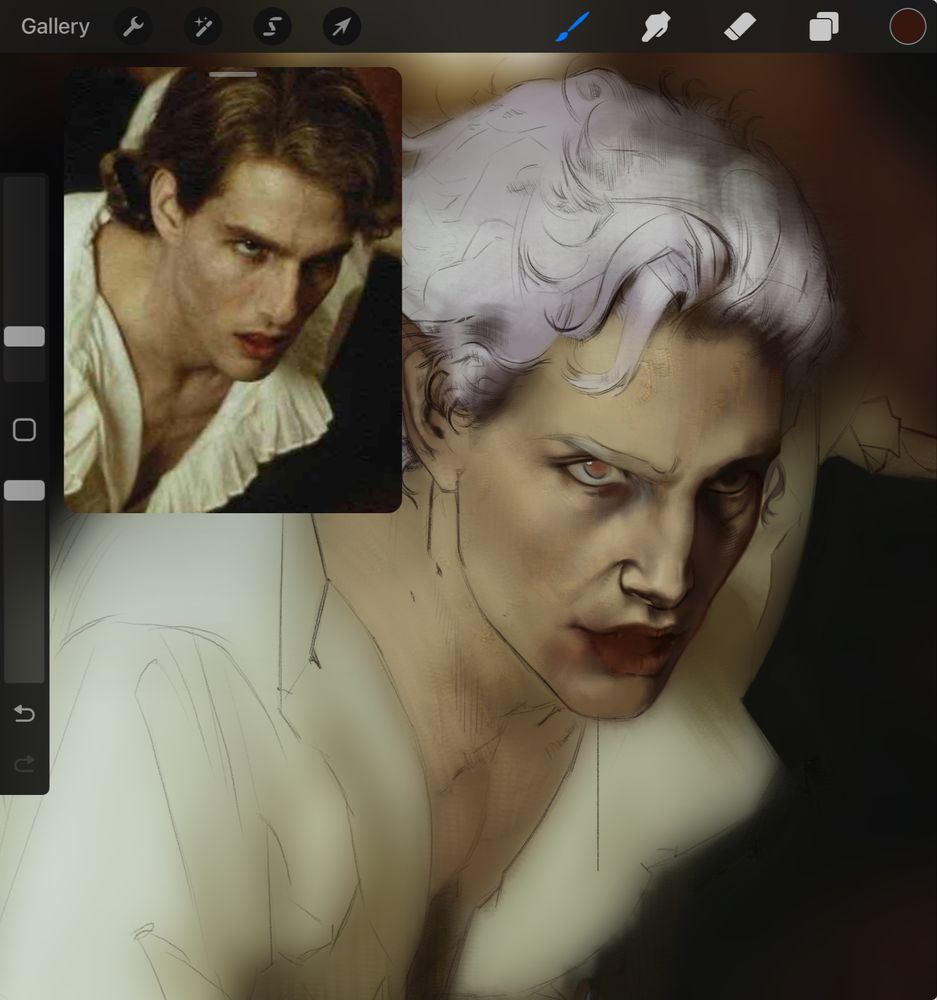 A procreate's cropped windows is showing a (WIP) work in progress of a repaint of a frame from the movie Interview with the Vampire where Astarion is taking the central stage.
Astarion, the vampire from the game Baldurs Gate 3 is looking slightly on the side of the viewer while a red stain of blood is tainting his mouth, preparing to drip down. 