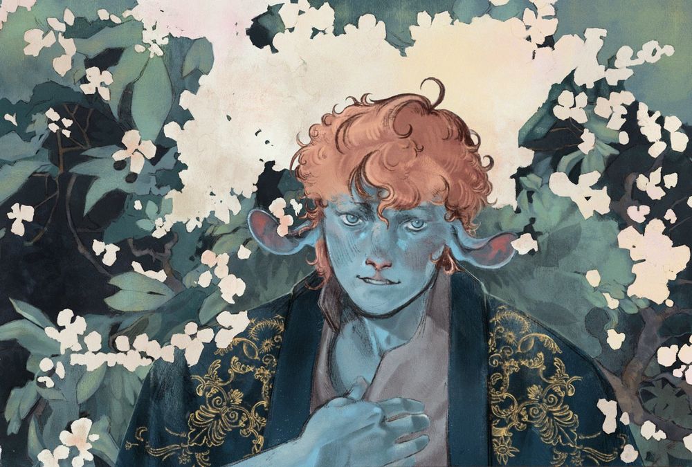A blue firbolg holding a hand to his chest while standing in front of a bush decorated with white flowers. 