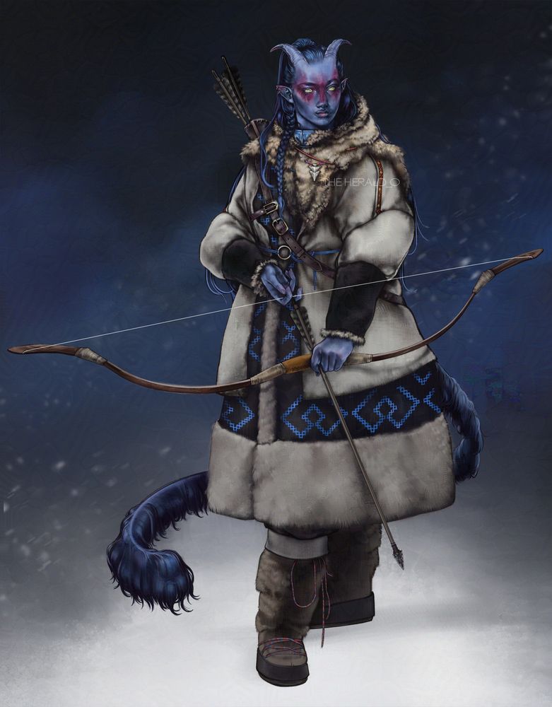 Illustration of Mirrk. A fullbody of a blue tiefling in heavy winter clothes, stretching an arrow in her bow preparing to shoot. Mirrk has red/pink warpaint on her blue skin, long darker hair flowing down to her lower back and few jewerly on her, only a couple of earrings on her ears. Her expression is stern and serious, yet it has a gentle undertone. She wears a lot of fur around her neck and on her clothes, they are made to resist heavy winters and to survive during heavy snowfalls. 