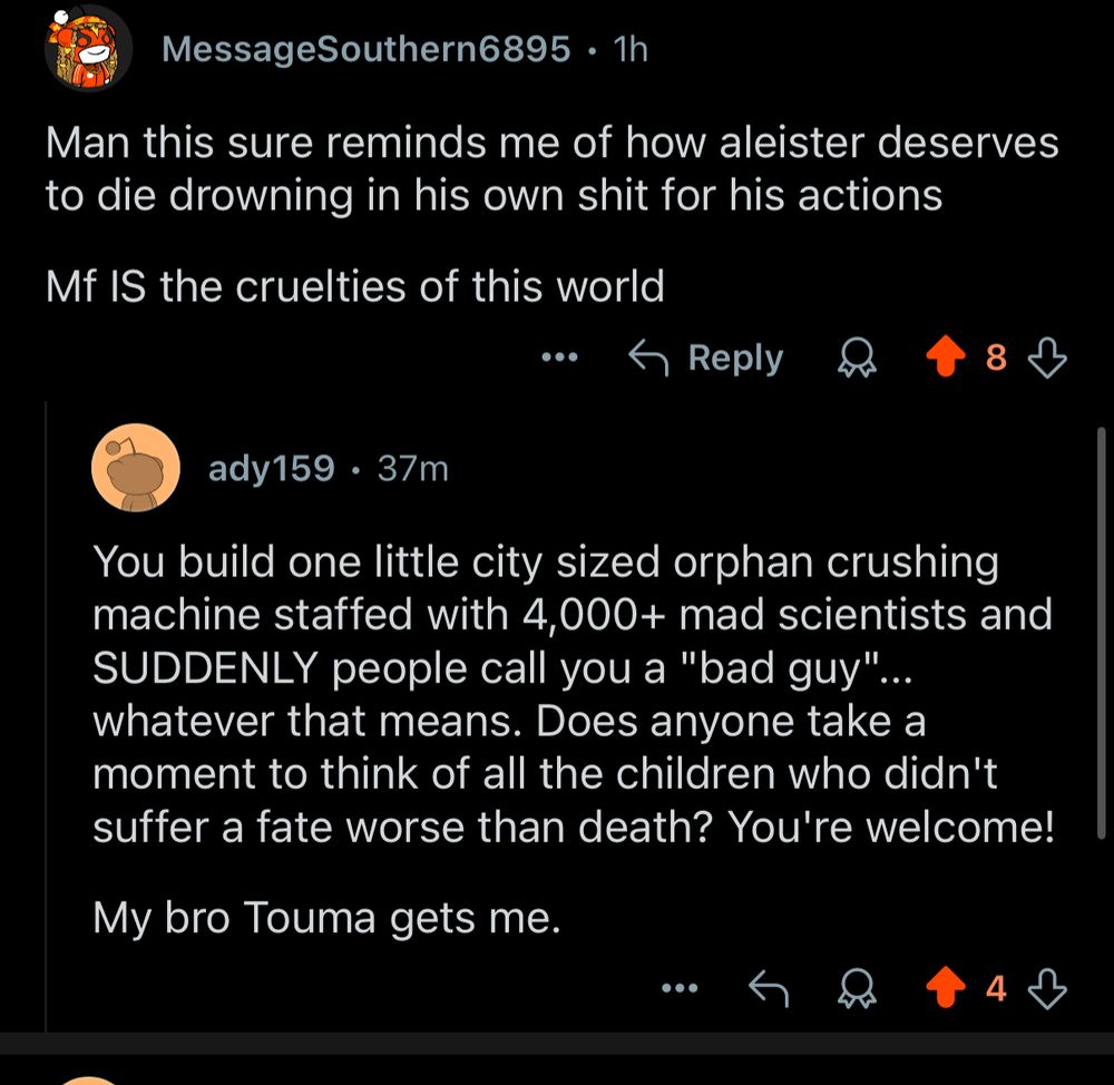 "You build one little city sized orphan crushing machine staffed with over 4,000 mad scientists and suddenly people call you a bad guy... whatever that means. Does anyone take a moment to think of all the children who didn't suffer a fate worse than death? You're welcome!" 

This is in reference to A Certain Magical Index GT volume 13 and one of its central characters Aleister Crowley being a huge piece of shit for creating Academy City and many other bad decisions