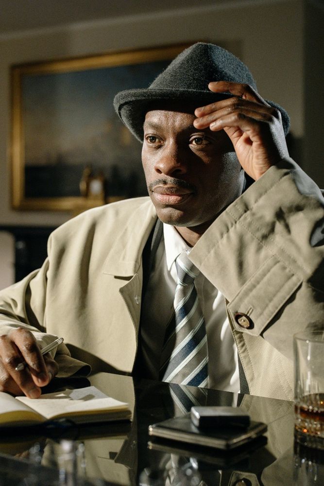 Pensive detective in a cinematic noir setting with fedora and trench coat.