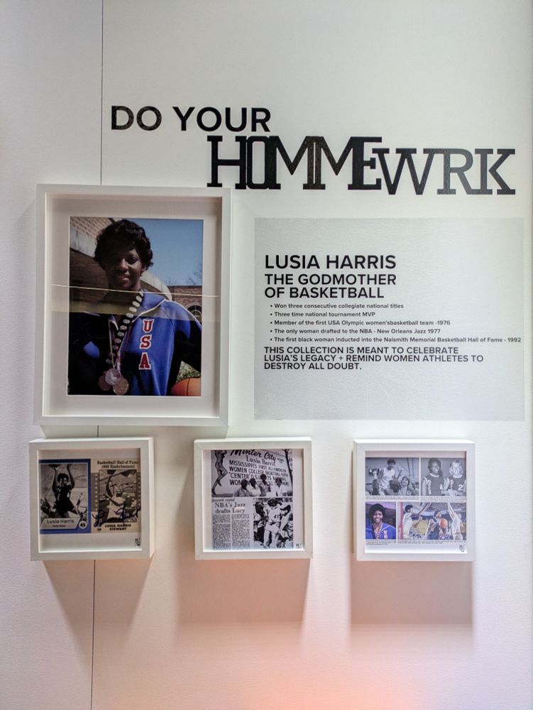 Display dedicated to Lusia Harris the godmother of Basketball includes three framed collages and one photo of Luisa 