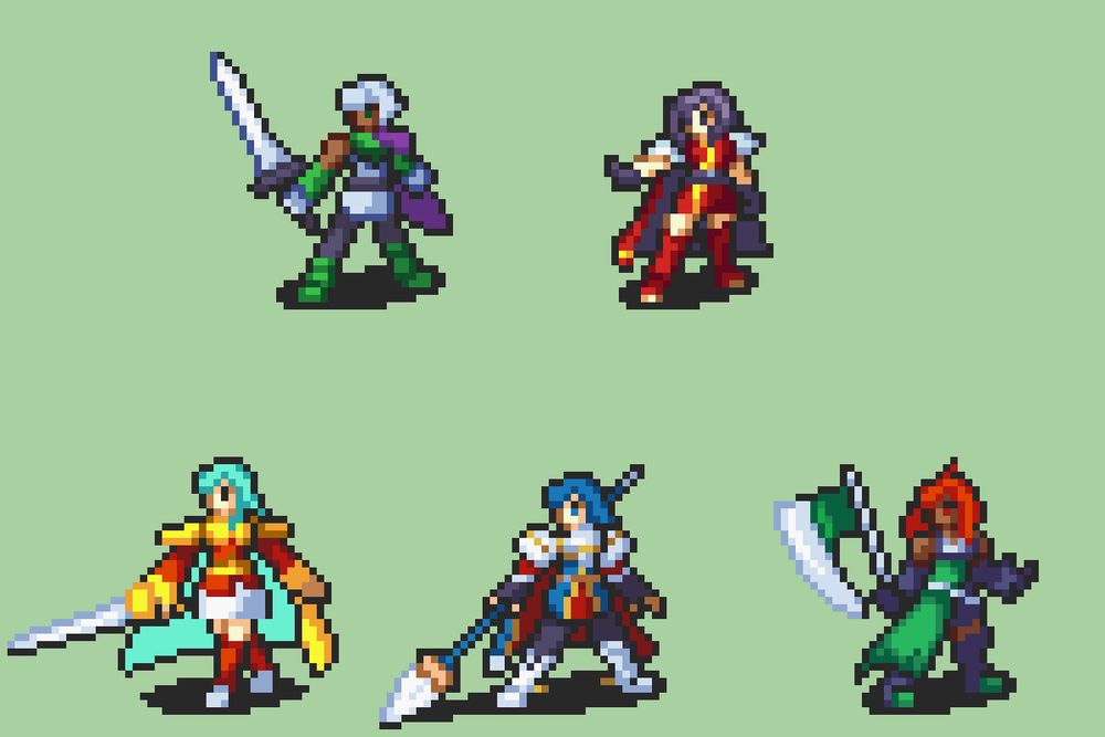 Characters stills in the Fire Emblem GBA style.

Top Row: Haizea(Original Character, Green Character), Farah(Original Character, Red Character)
Bottom Row: Eirika(Fire Emblem: Sacred Stones, Gold/Cyan Cape), Attuned Caeda(Fire Emblem Heroes, Red/Blue Cape), Hapi(Fire Emblem: Three Hopes, Green/Black Outfit)