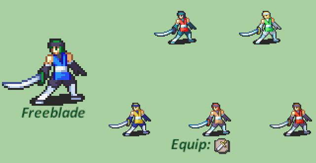 A custom design of the Myrmidon class from Fire Emblem for a fan project, renamed Freeblade.

Top row colors: Generic Red for enemy, Generic Green for NPC

Bottom row colors: Various Fire Emblem Myrmidons from memory
