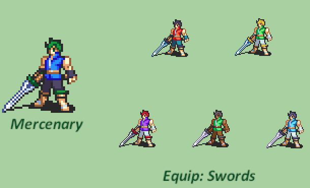 A custom design of the Mercenary class from Fire Emblem for a fan project.

Top row colors: Generic Red for enemy, Generic Green for NPC

Bottom row colors: Various Fire Emblem Mercenaries from memory