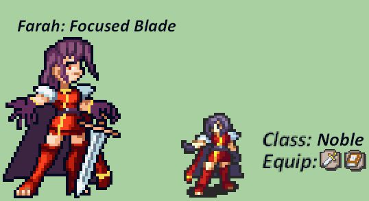Sprite stills of my Original Character, Farah.

Left: Farah in a custom style; Right: Farah in the FE GBA sprite style