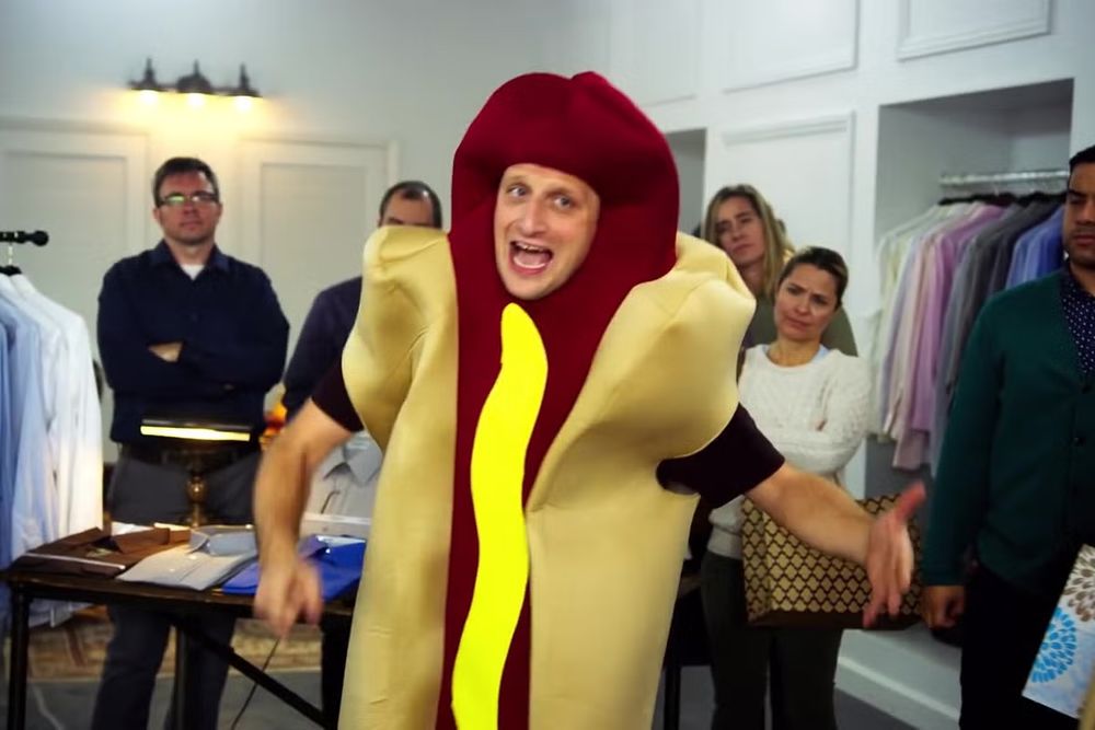 We're All Trying To Find The Guy Who Did This meme with Tim Robinson in a hot dog costume