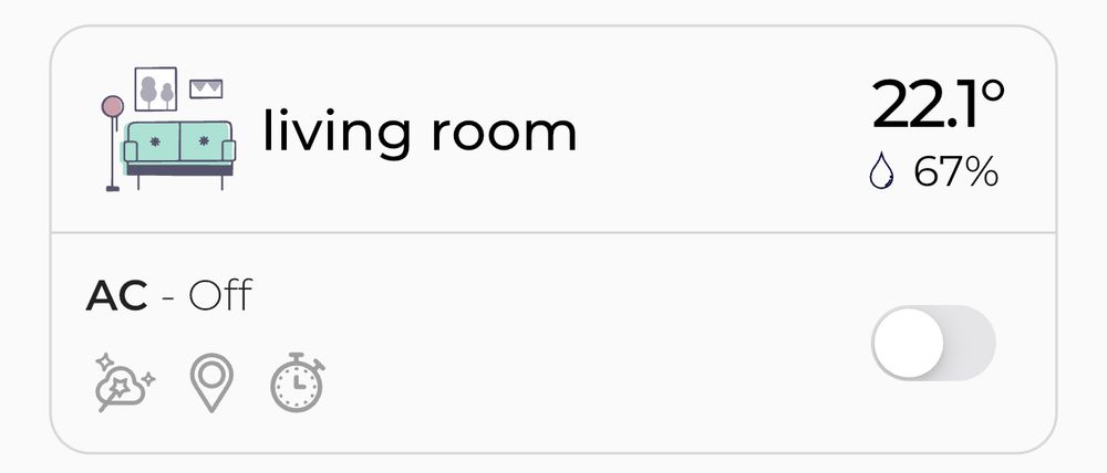 screenshot of a climate control app with the temperature reading 22.1°C and humidity at 67%