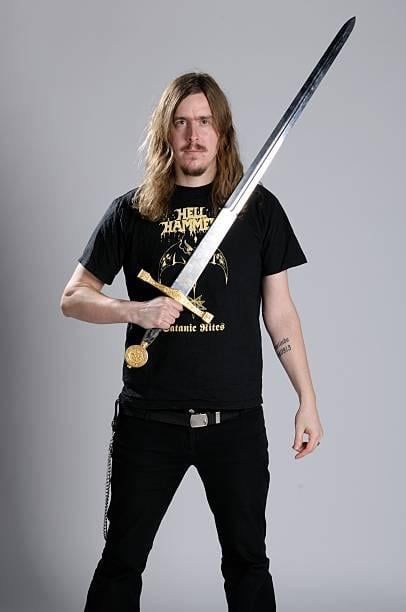 Photoshoot de Mikael Åkerfeldt, du groupe Opeth, avec une épée pour le magazine Metal Hammer en 2008.