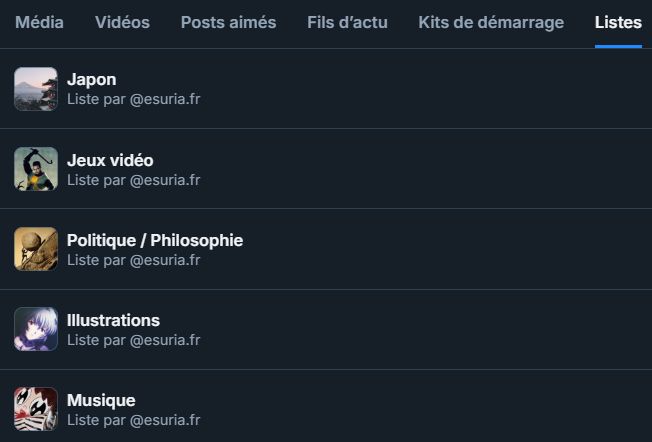 Capture d’écran de mon profil Bluesky, section “Listes”, affichant cinq listes : Japon, Jeux vidéo, Politique / Philosophie, Illustrations et Musique.