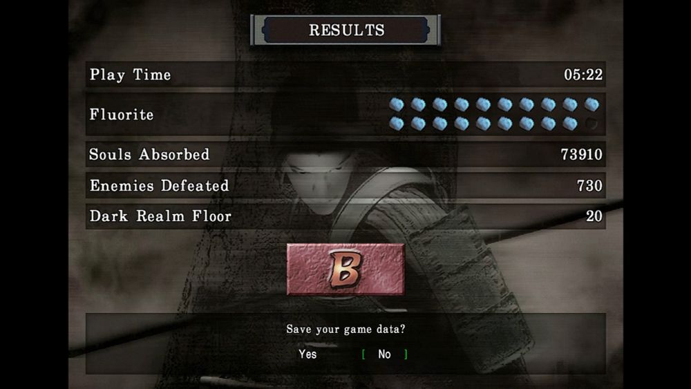 Results screen for Onimusha 1 hd remaster played on a Playstation 5 

Play Time	05:22
Fluorite	19/20
Souls Absorbed	 73910
Enemies Defeated	730
Dark Realm Floor	20
Rank	B