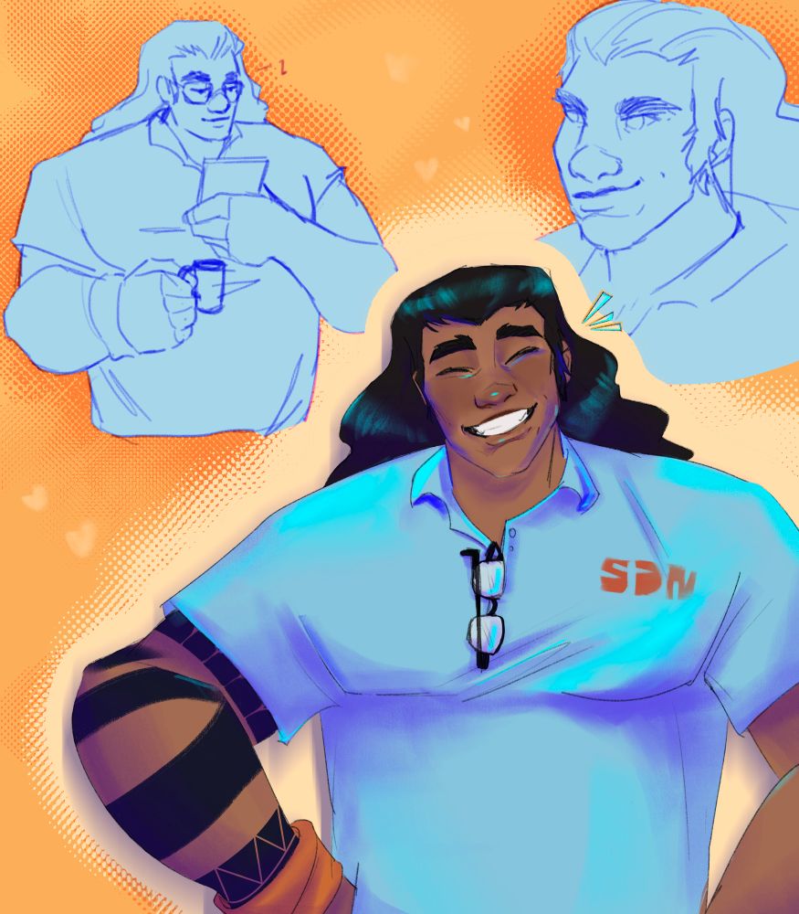 Digital drawing of Royd from dispatch, with one colored smiling Royd surrounded by two monochrome blue sketches of him