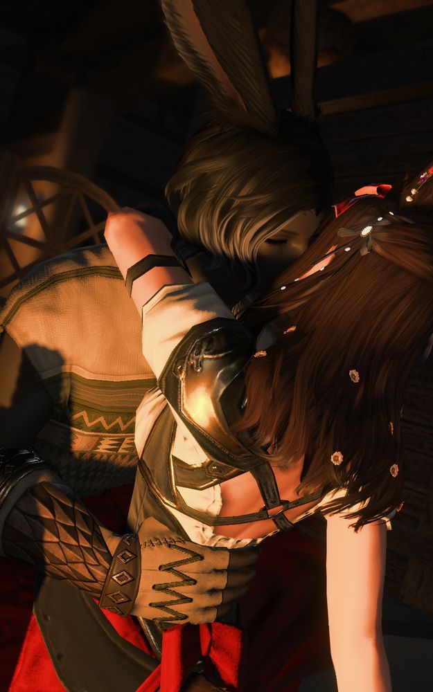 A dimly lit gpose of Eir and Erenville smorching. Eir sits on a table (that you can't see in this shot) and leans back. She has one arm around Eren's neck, and the other is on the table, helping her balance. Erenville leans forward, one hand on her lower back. There's a shadow of a bottle we couldn't get rid of. Just pretend it's not there or a cleverly placed euphemism for his di-