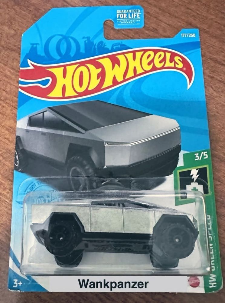 A Hotwheels toy box with a cybertruck in it.
 Text on the box reads "Wankpanzer"