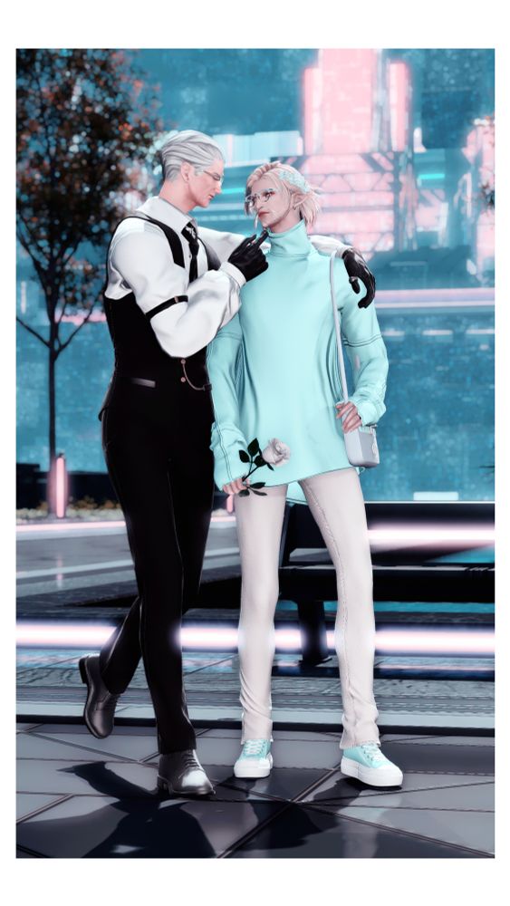 a tall, older garlean, rainier, wearing business attire walking alongside a younger elezen, lucien, dressed casually. lucien is holding a rose in one hand. rainier's arm is draped over his shoulder, and one hand is raised to lucien's chin.