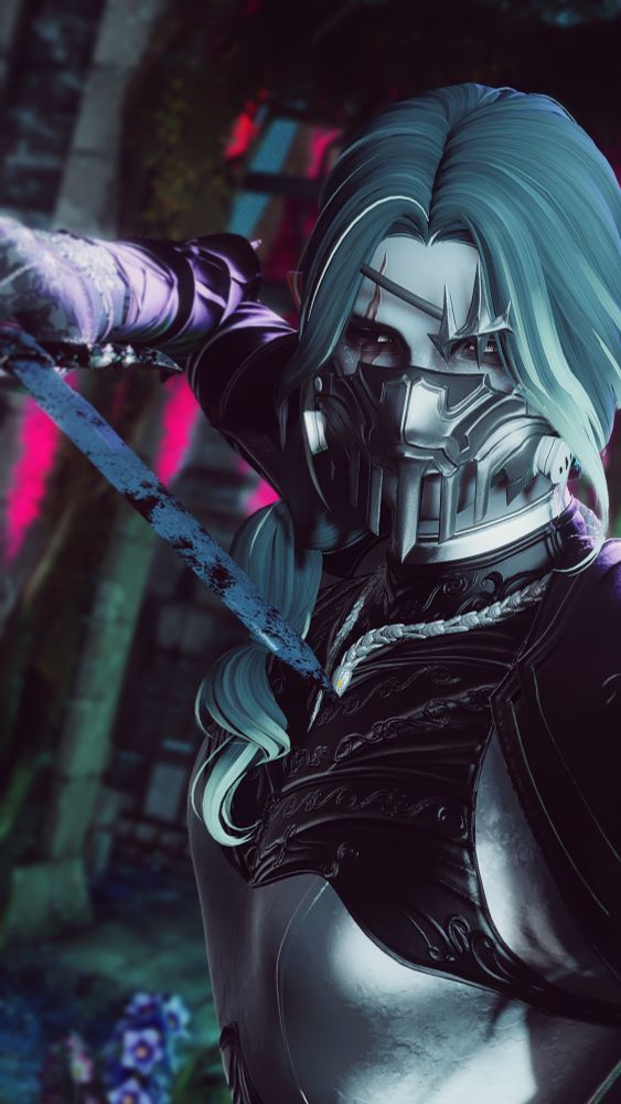 zeixault raising a bloody dagger, about to strike. he's wearing a mask.