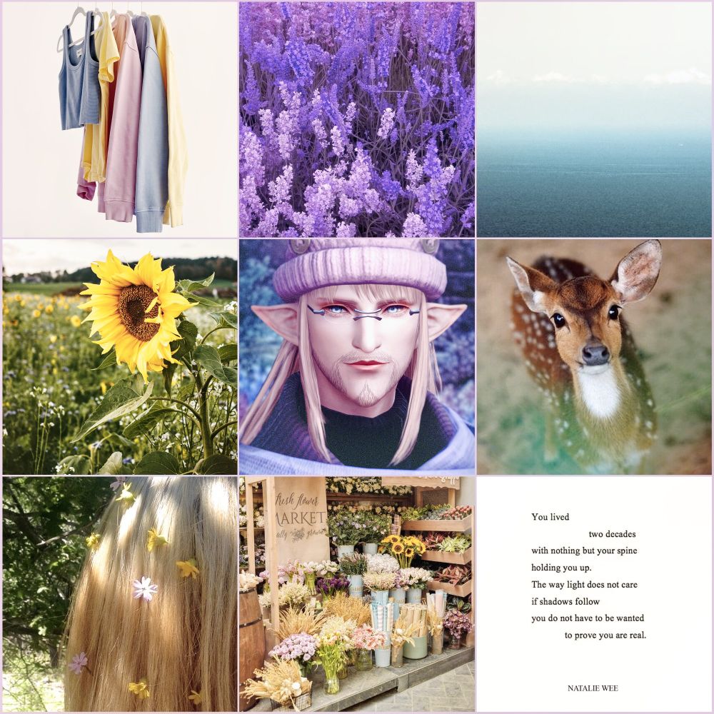Clothing (Simple Pastels) | Color (Lavender Purple) | Eyes (Pale Ocean)
Flower (Sunflower) | OC (Lucien) | Animal (Deer)
Hairstyle (Long hair with flowers) | Place (Florist) | Quote ("You lived two decades with nothing but your spine holding you up. The way light does not care if shadows follow you do not have to be wanted to prove you are real." Natalie Wee)