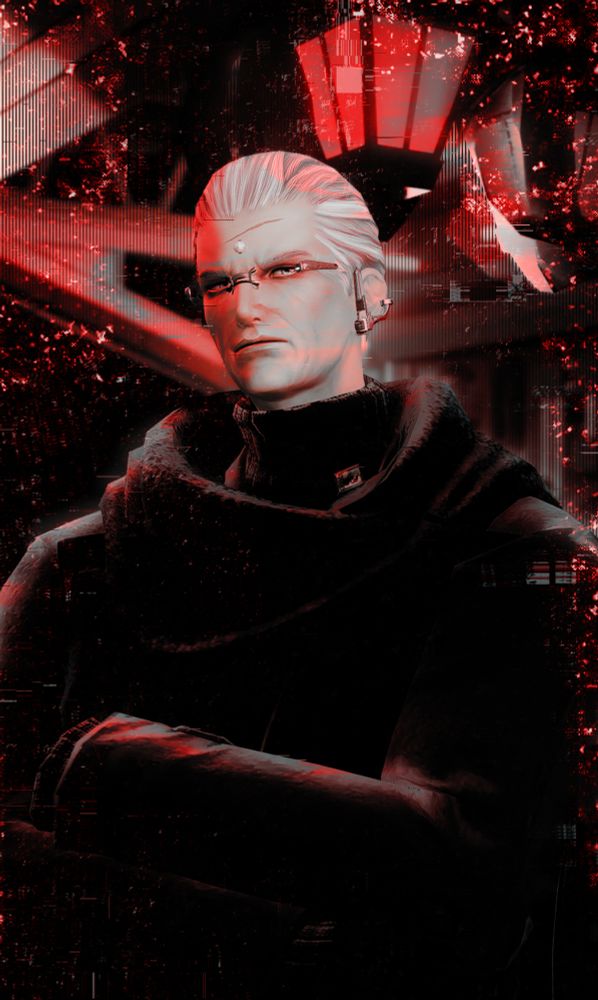 Rainier, arms crossed, glaring at the camera. He's highlighted with glitchy red lights.