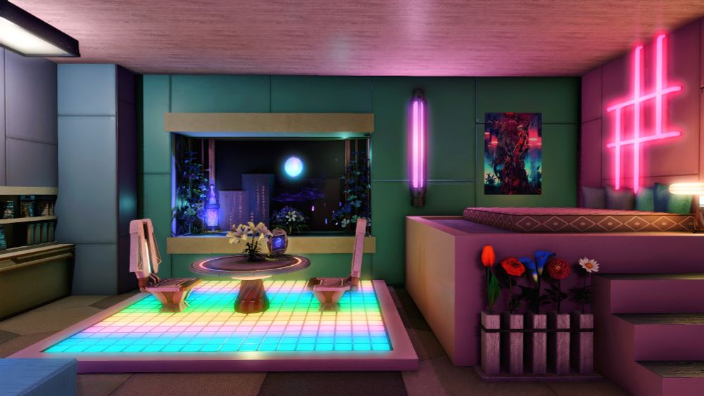 view from entrance. on the right is a raised bed, straight ahead is a dining area in front of a big window.