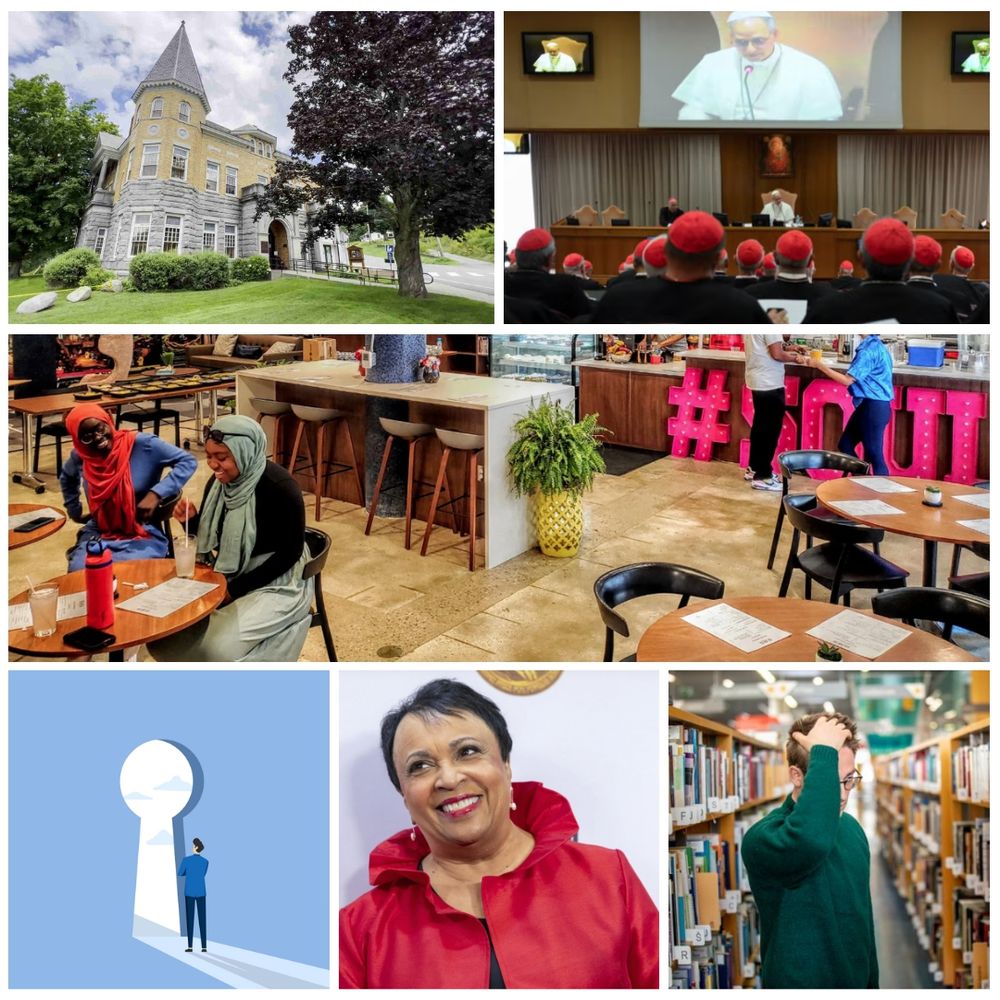 Images clockwise top left to bottom right: A large yellow building with a turret, the pope dressed in white addressing an audience of cardinals with red hats, two people sitting in a bright room with tables and chairs, a man with his hand to his head standing between rows of books, a woman dressed in red, a graphic of a man standing in front of a keyhole