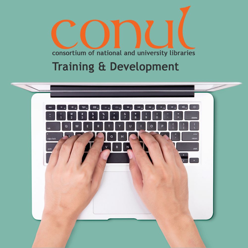 Hands typing on a keyboard below the text: CONUL consortium of national and university libraries training and development