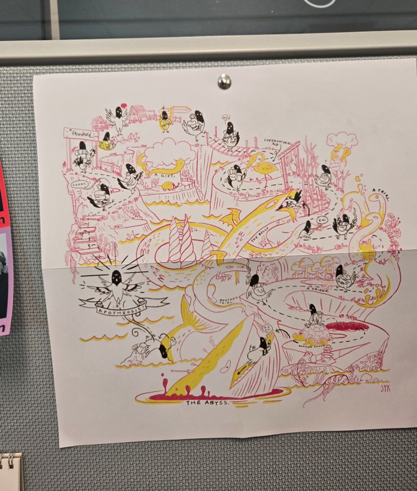 A pink, yellow, and black print on a white background of a pigeon going on many adventures with mixed results