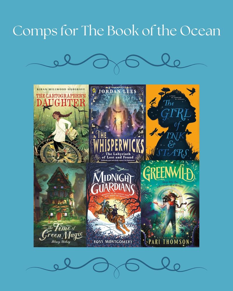 Comps for the Book of the Ocean: Features the covers of The Cartographer's Daughter, The Whisperwicks, The Girl of Ink and Stars, The Time of Green Magic, The Midnight Guardians, and Greenwild