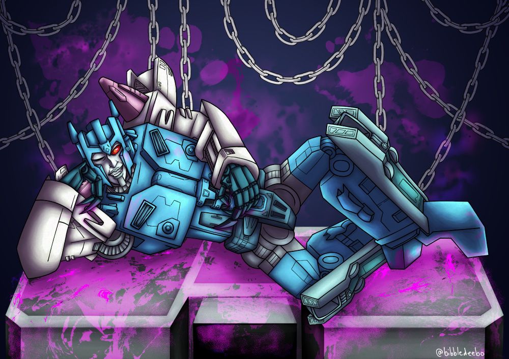Overlord from IDW comics, sensually laying across the table where he does his torturing fun times, covered in pink spilt energon.
